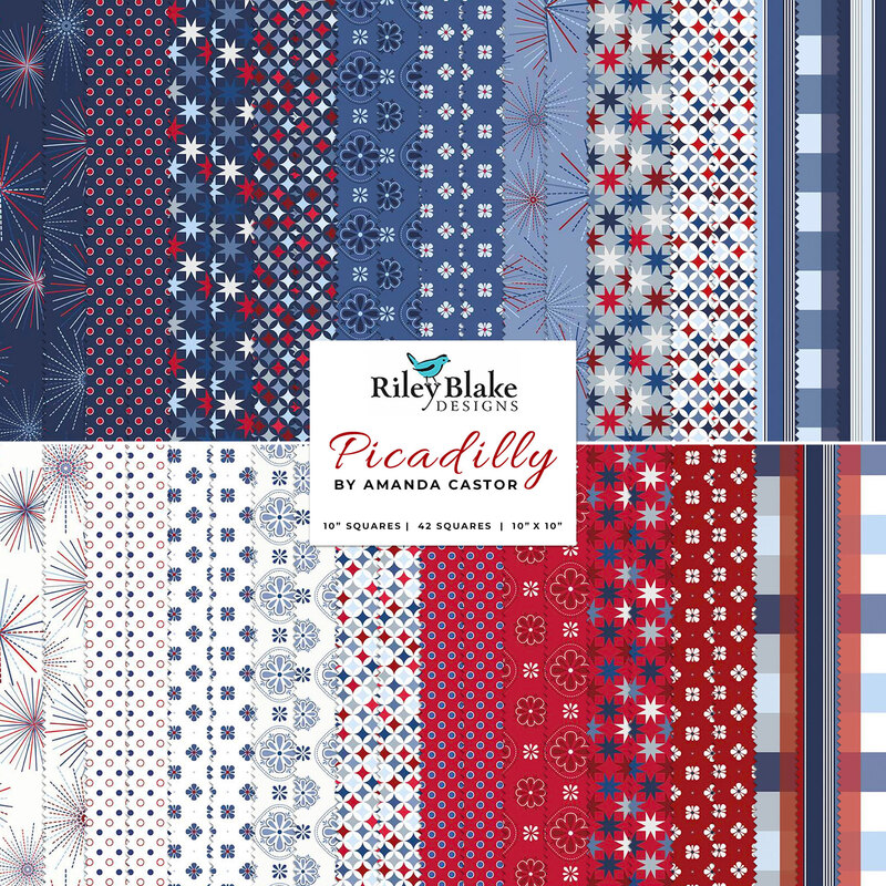 A collage of patriotic themed fabrics from the Picadilly Riley Blake Layer Cake