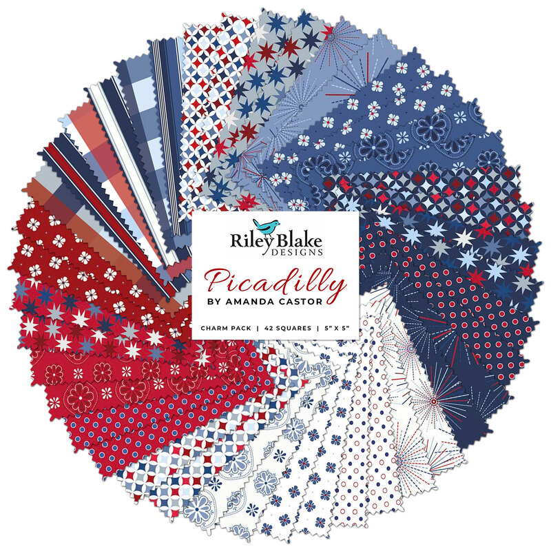 A collage of red, white, and blue fabrics from the Picadilly Charm Pack