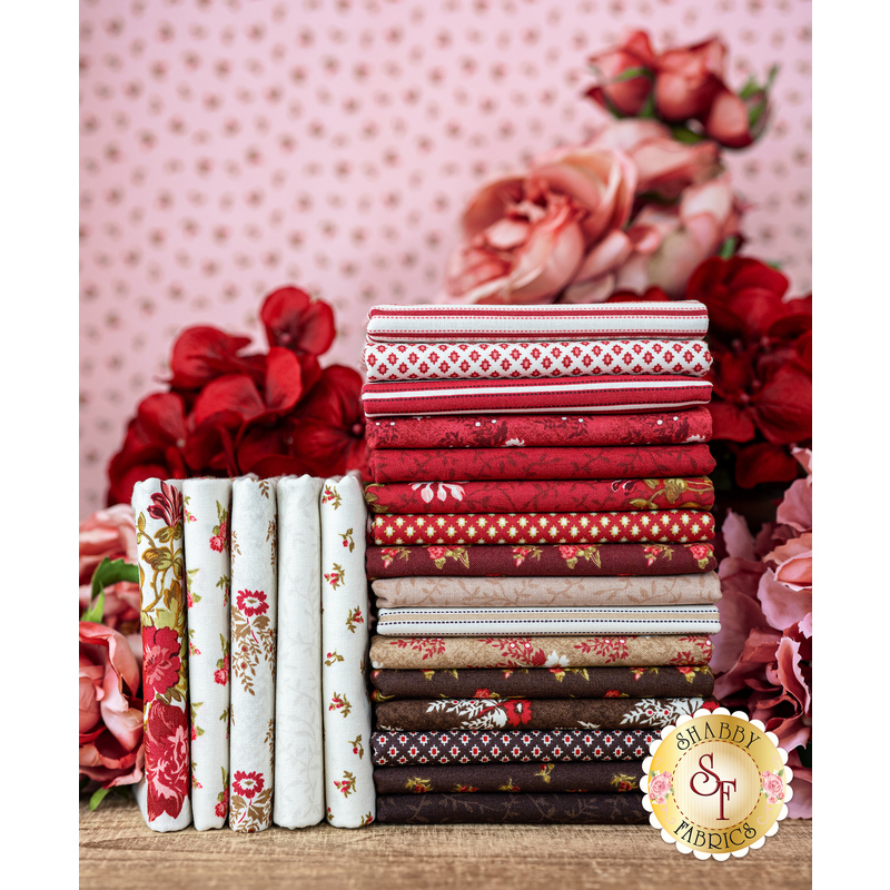 A stack of the fabrics included in the Rowan FQ Set.
