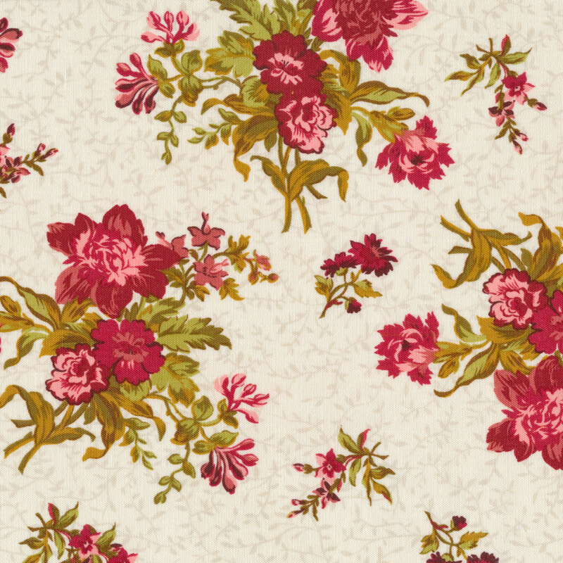 Red floral bouquets tossed on a cream background of cotton fabric.