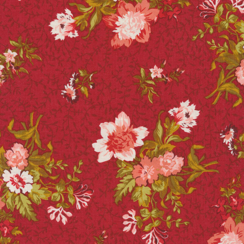 Pink and white florals on a crimson red background