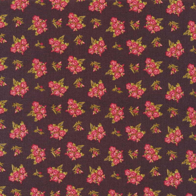 Pink florals tossed on a deep brown background