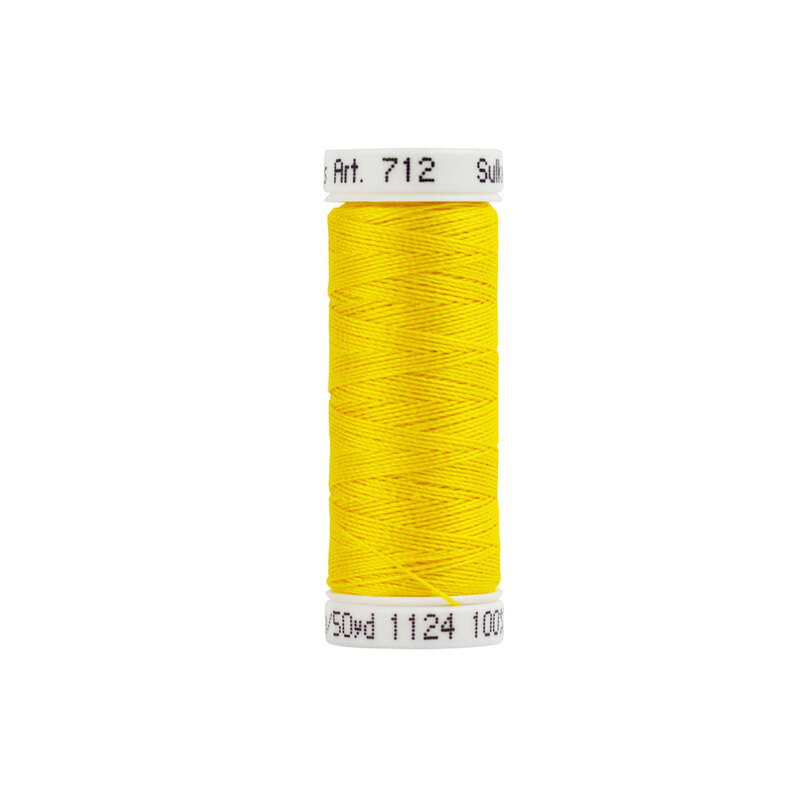 A spool of Sulky 12wt Cotton Petites #1124 Sun Yellow thread on a white background