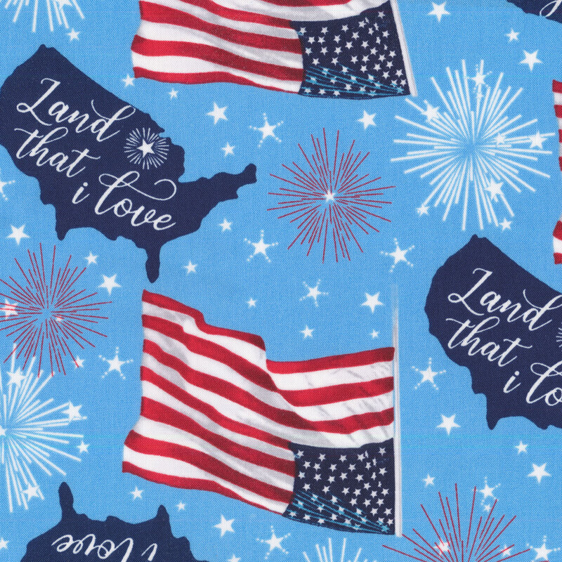 A blue patriotic fabric with American flags, tossed United States of America, and fireworks all over
