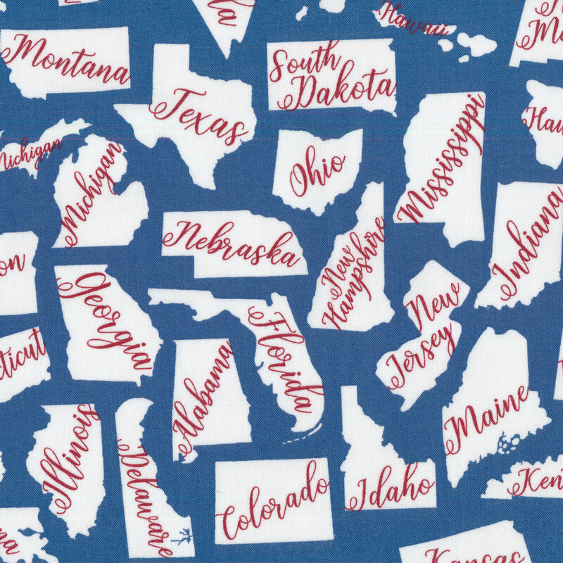 Fabric with tossed states and words on a blue background