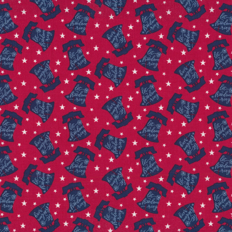 Fabric with dark blue liberty bells and words on a red background