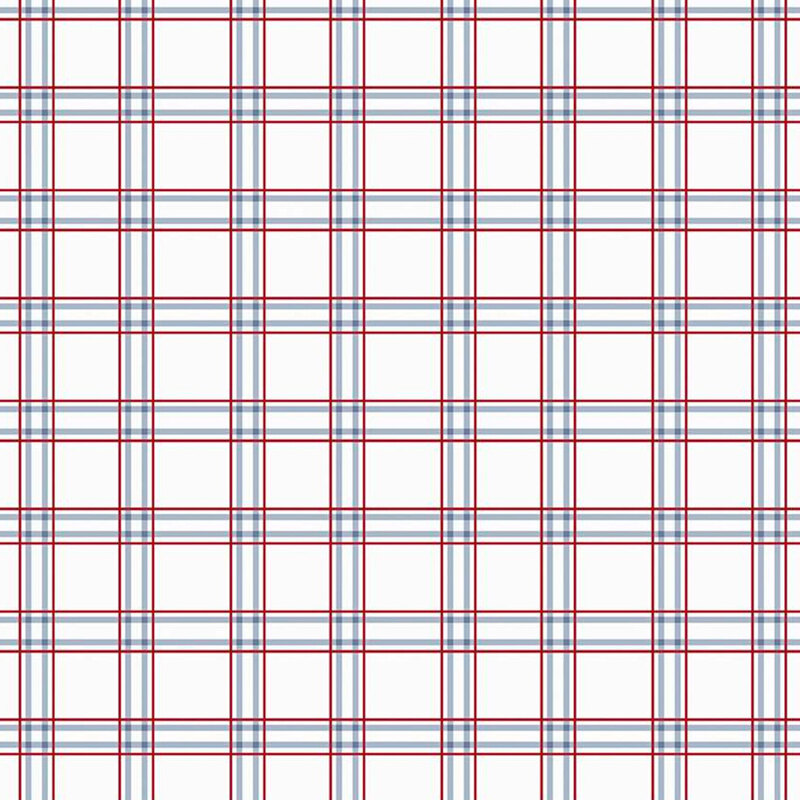 Red and blue plaid pattern on off white background.