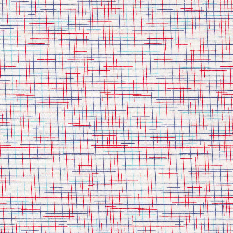 Fabric with a red and blue hash pattern on a white background