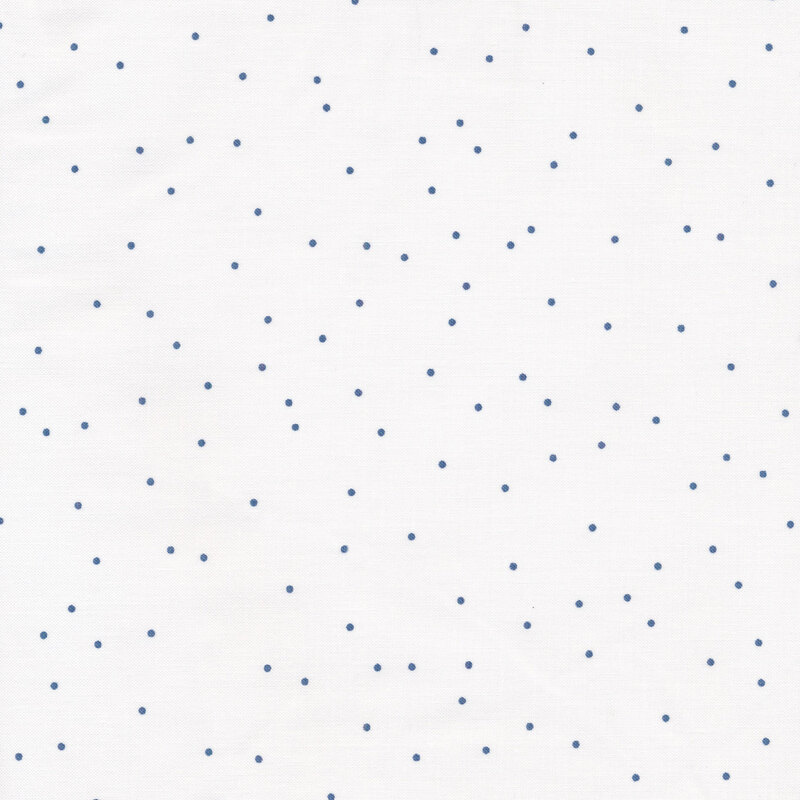 Fabric with small navy blue pin dots all over a white background