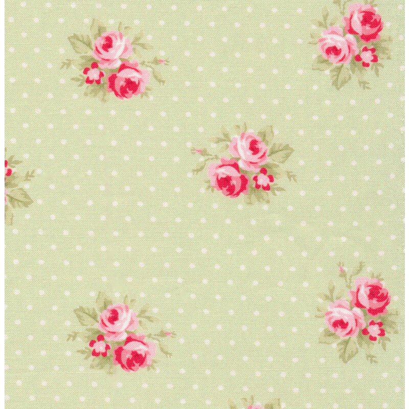 Antique French Cottage Roses Floral Cotton Fabric ~ Pink Red  Pale Green ~ BTY 