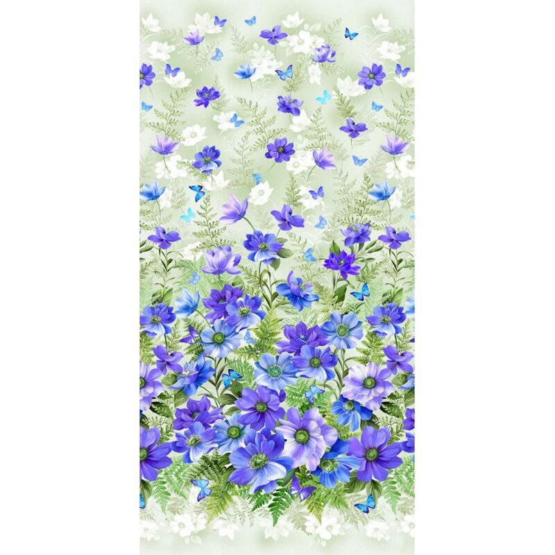 Blue floral fabric with butterflies and foliage