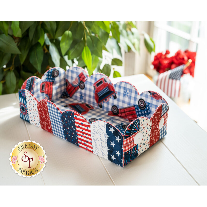 Scalloped basket with patriotic motifs.