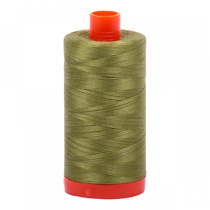 A spool of Olive Green Aurifil Thread on a white background