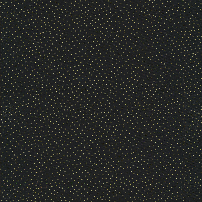 Solid black fabric with small gold metallic pin dots all over