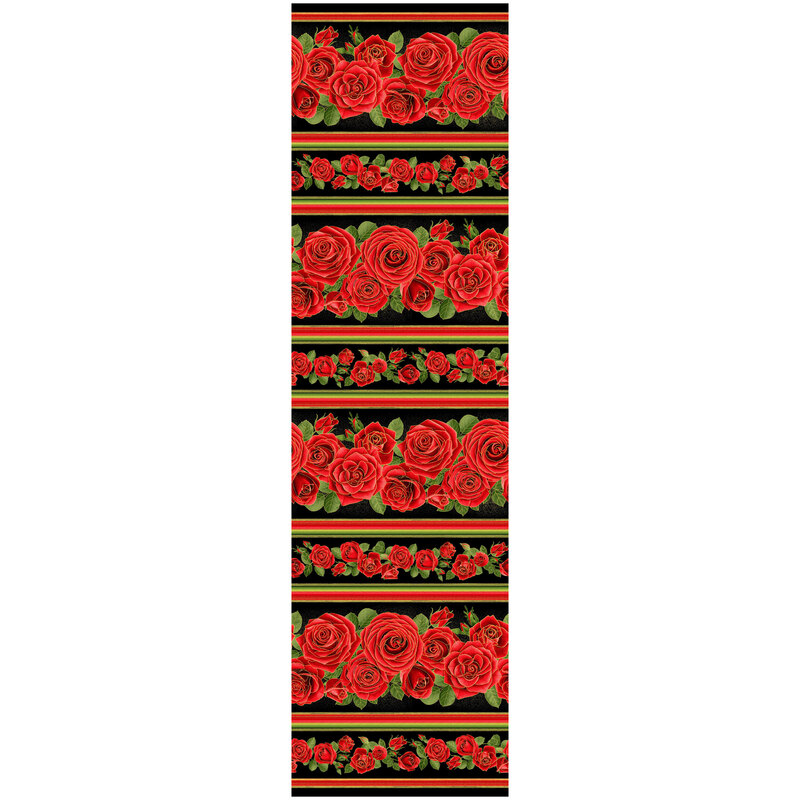 Full image repeat of multi color stripes and roses with gold metallic accents on a black fabric