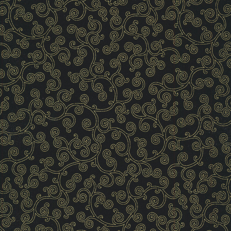 black fabric with metallic swirl designs throughout
