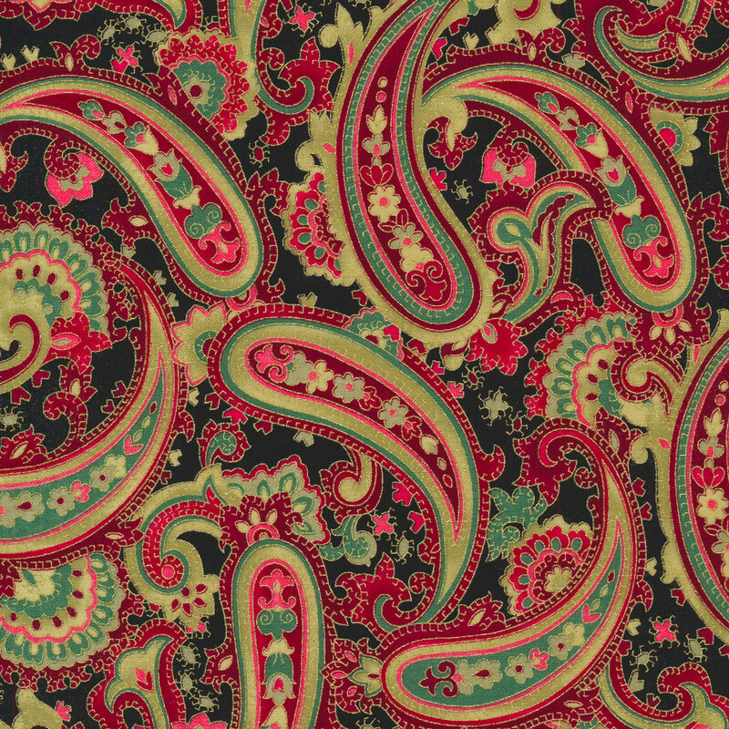 black fabric with red and green paisley designs throughout