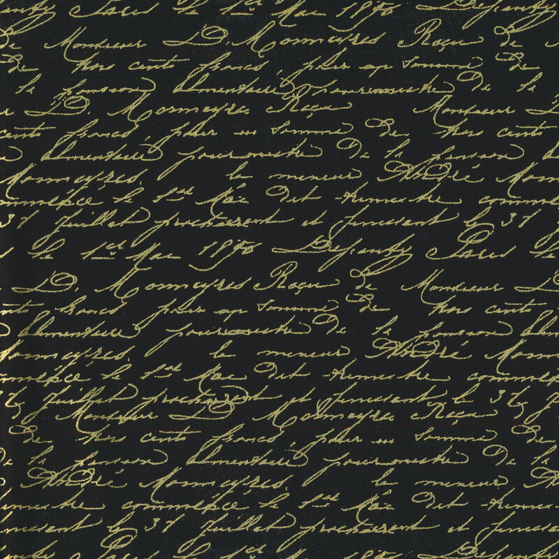 black fabric with gold metallic script all over