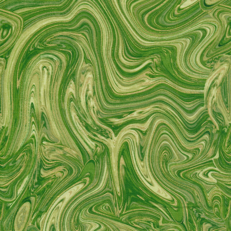 green and yellow swirled fabric with metallic accents