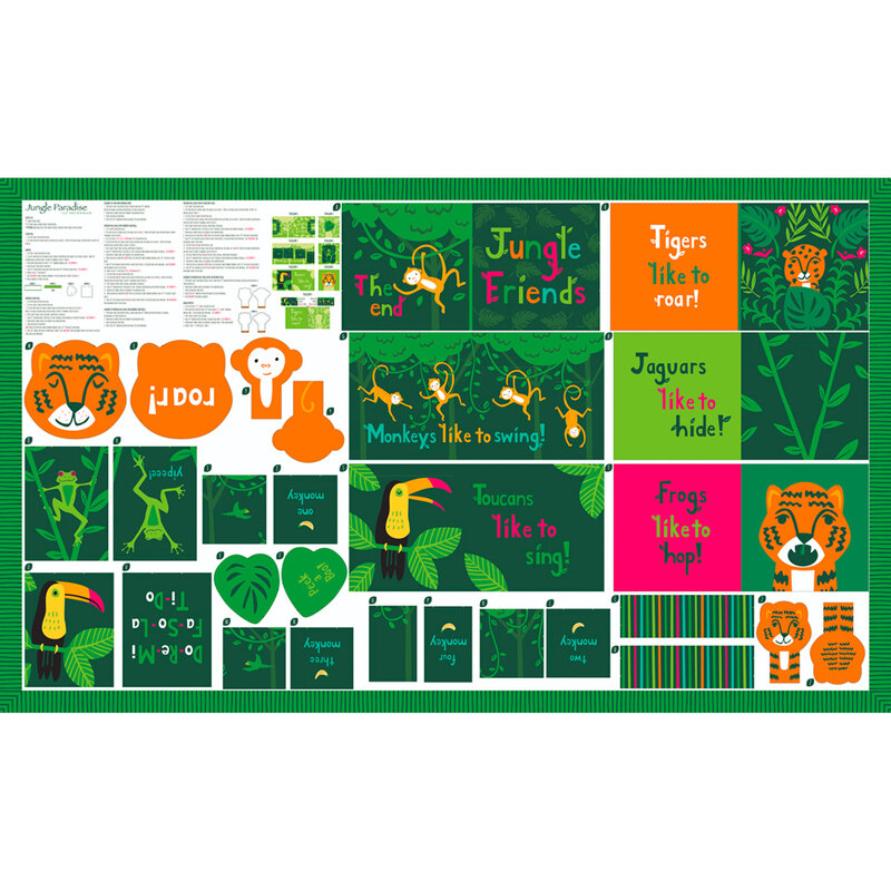 The entire Jungle Paradise Fabric Book Panel with jungle animal blocks