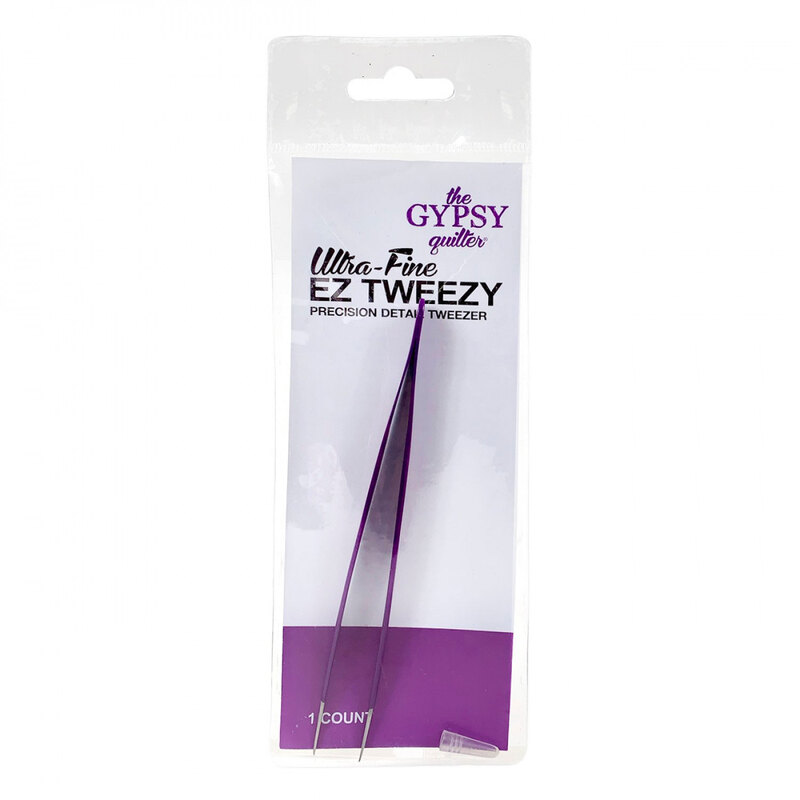 Purple fine point tweezer by The Gypsy Quilter in plastic bag packaging.