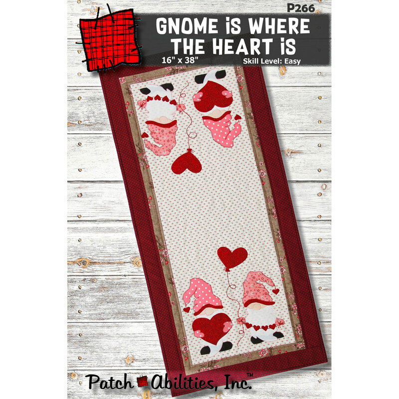 The front of the Gnome Is Where The Heart Is pattern showing the finished table runner