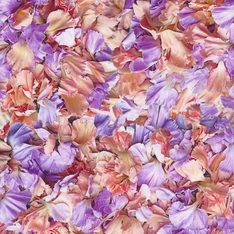 fabric with light pink, purple, and brown petals all over