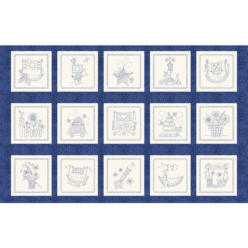 Blue and cream fabric panel with 20 different summertime scenes