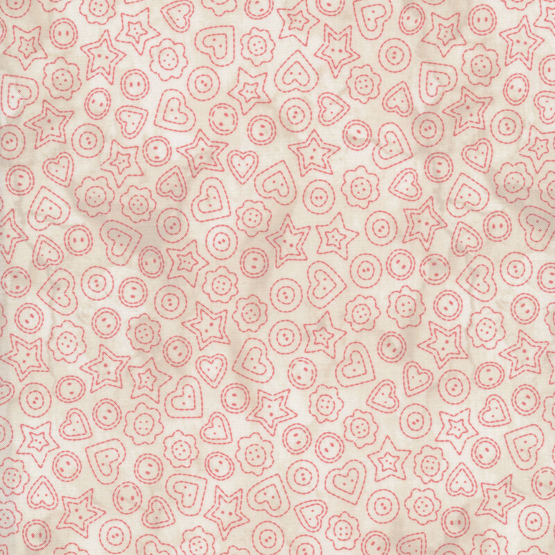 Cream mottled fabric with heart and star button outlines in red