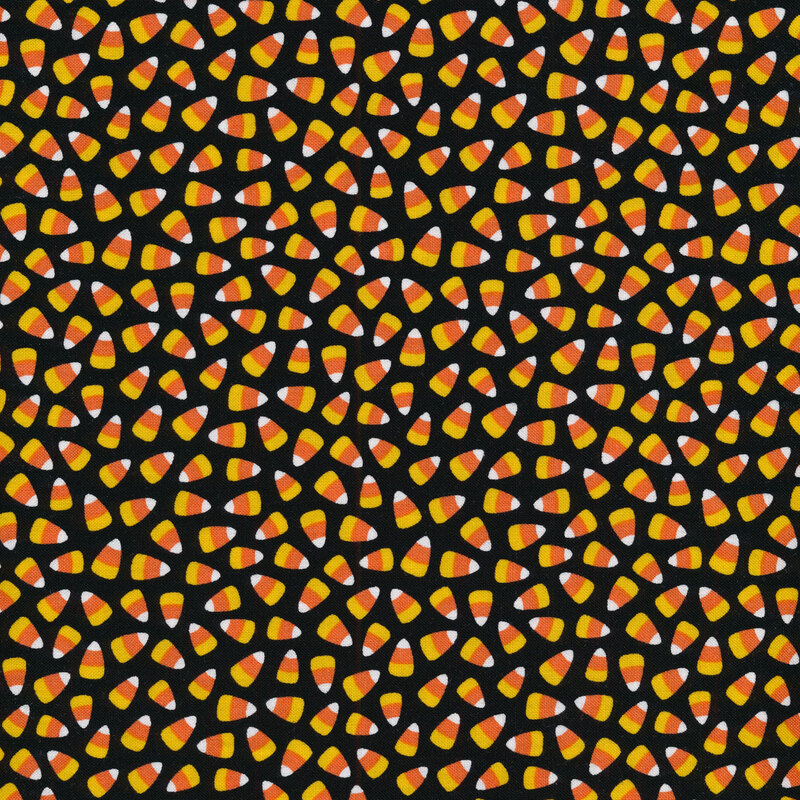 Black fabric with traditional orange and yellow Halloween candy corn