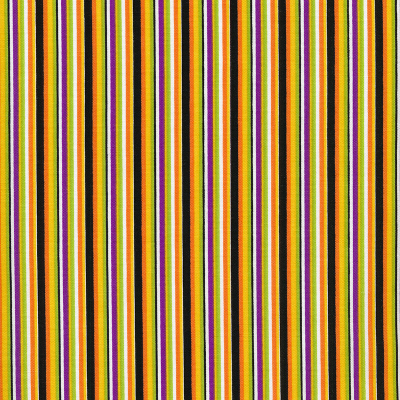 Black, purple, green, yellow, orange, and white striped fabric