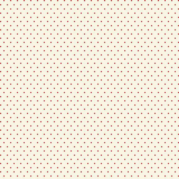 Small red polka dots all over a cream colored fabric