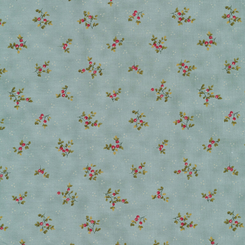 Small sprig bunches with berries tossed on a mottled teal background