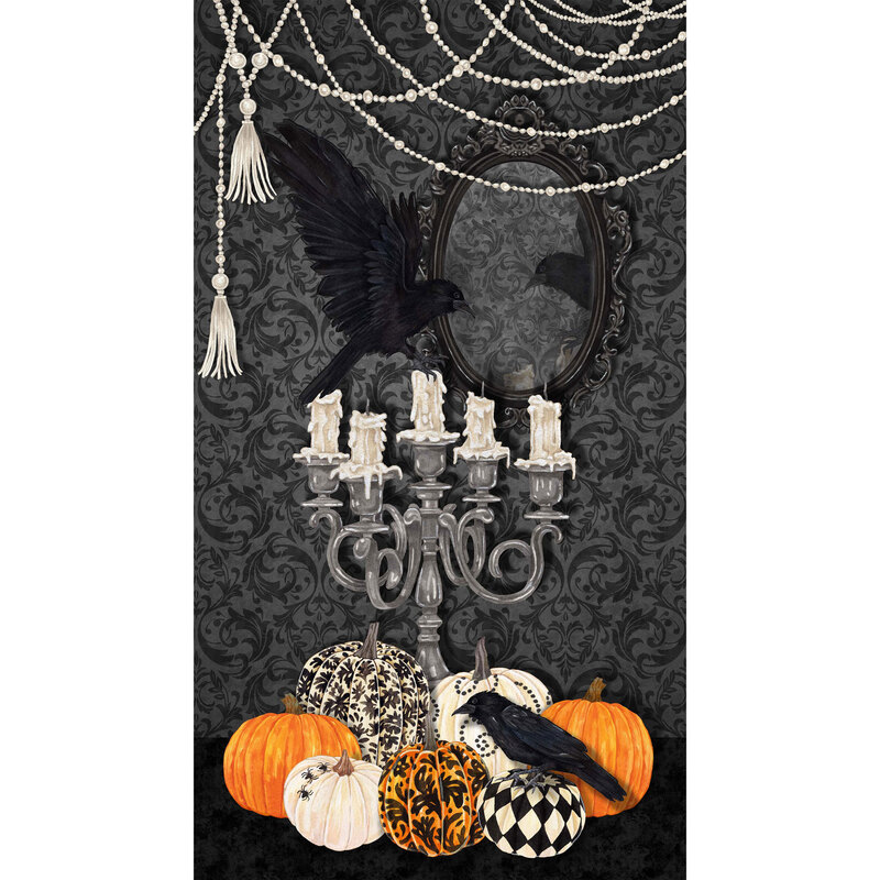 Black fabric panel with ravens, pumpkins, candles, and a mirror