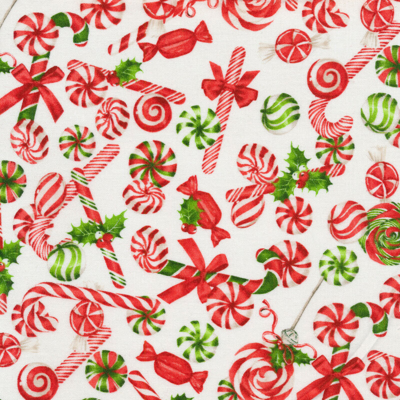 White fabric with retro peppermint candy in green and red