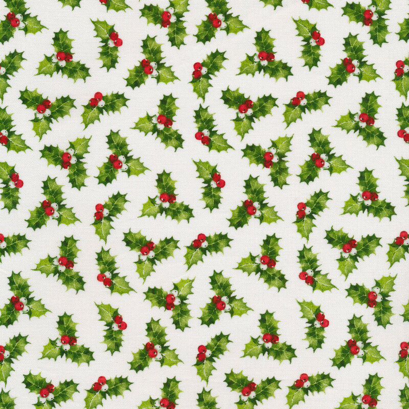 White fabric with green holly leaves and red berries
