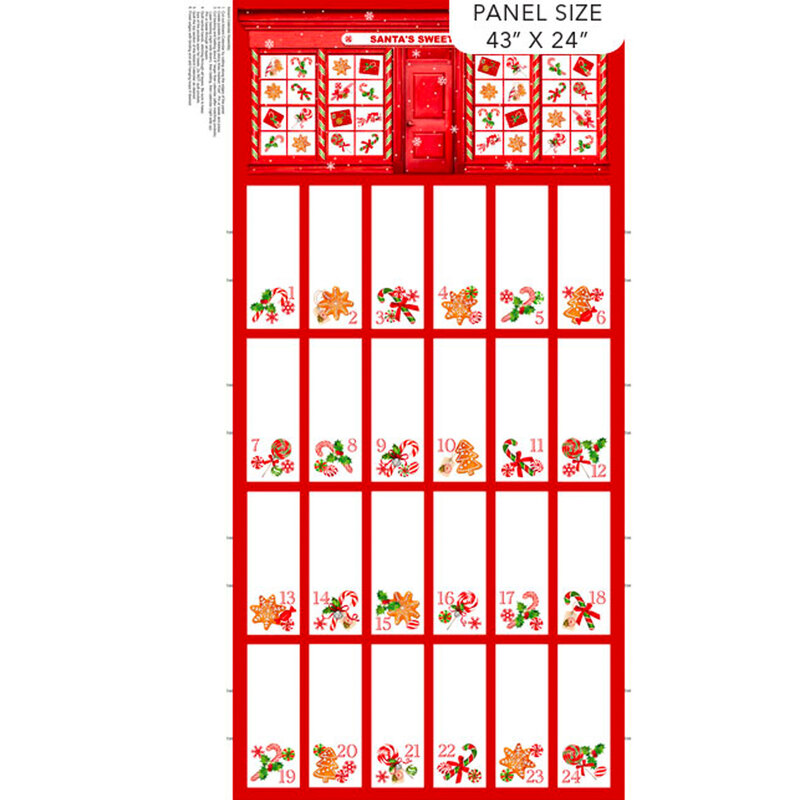 Christmas advent calendar panel in red and white with candy and 24 days