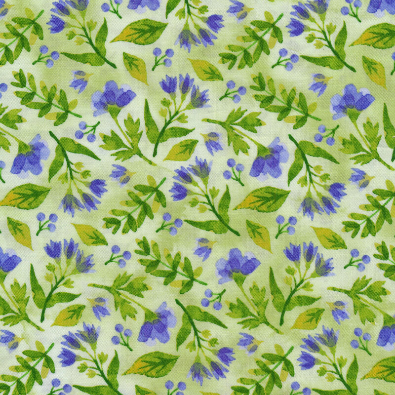 Purple florals on a green fabric background