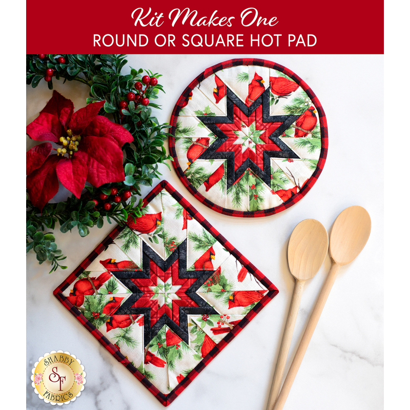 Round and Square hot pad with red cardinals and holly on cream.