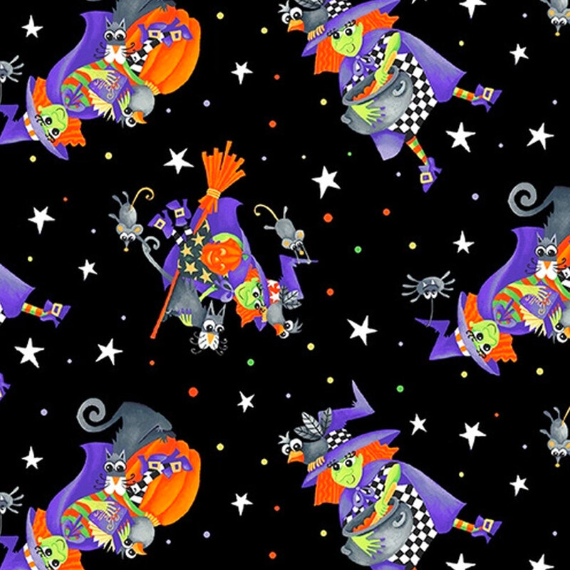 Fabric with Halloween witches, mice, pumpkins, & stars on a black background