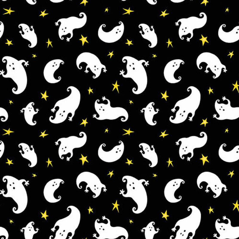 Fabric with Tossed glow in the dark ghosts and yellow stars on a black background