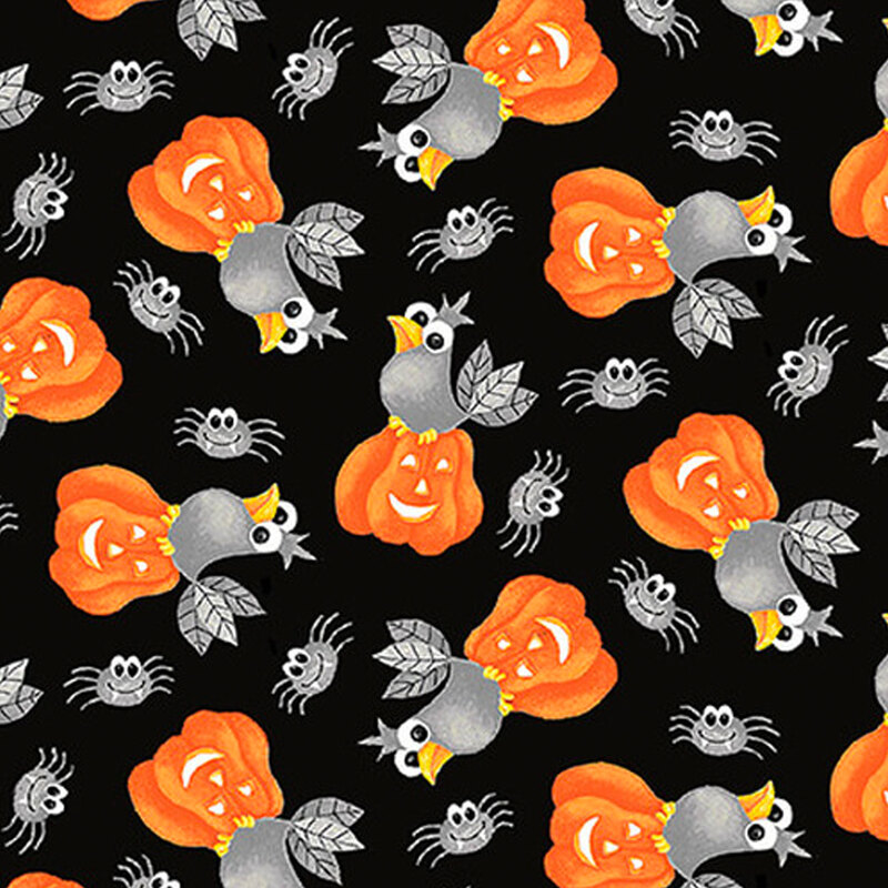 Fabric with Tossed pumpkins, birds, and spiders on a black background