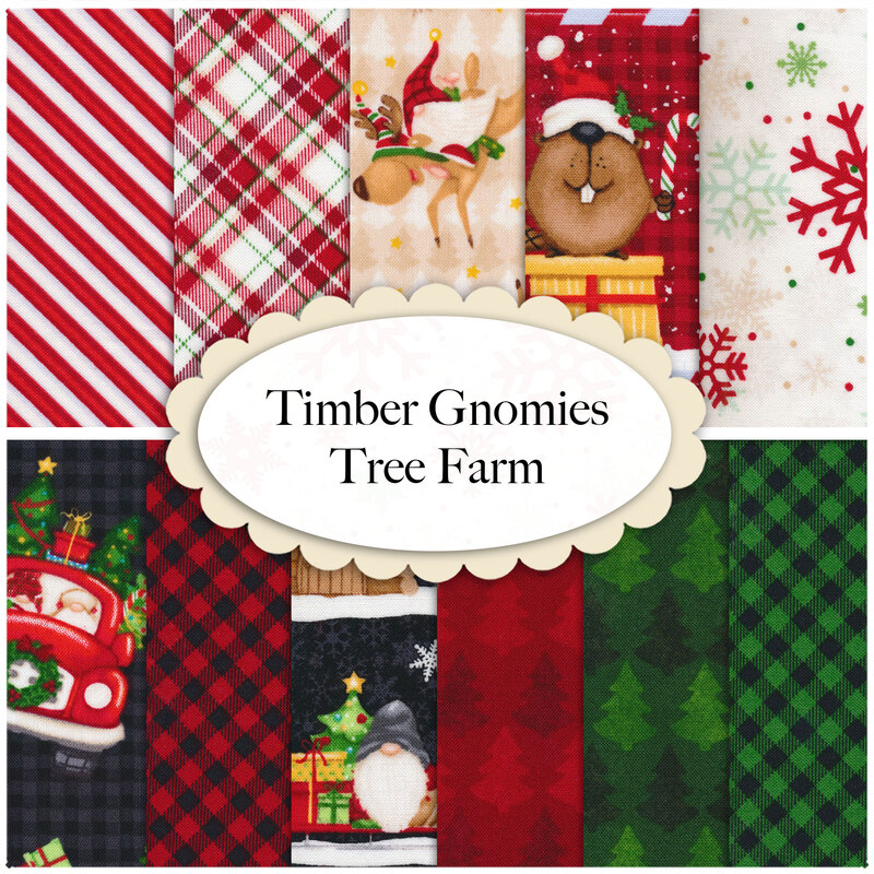 A collage of gnome fabrics in the Timber Gnomies Tree Farm fabric collection