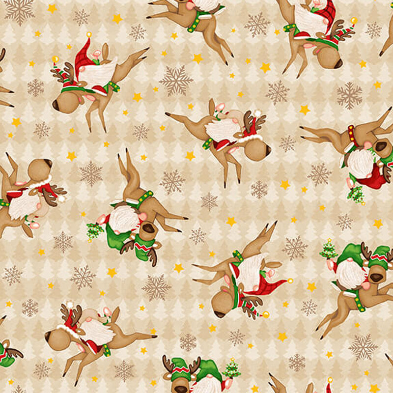 Tossed gnomes riding reindeer on a tonal tan background with alternating pine trees and snowflakes