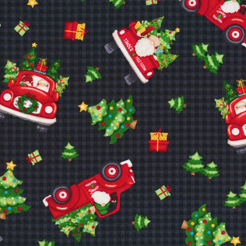 Tossed vintage trucks full of presents and Christmas trees on a black and gray gingham background
