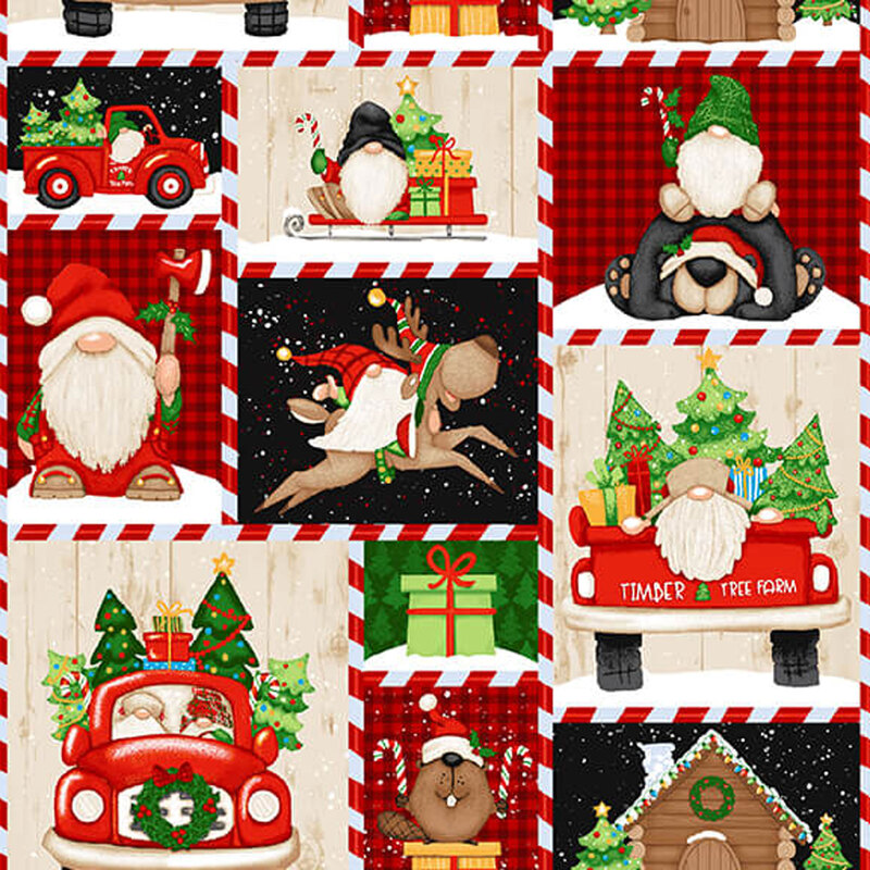 Patchwork gnome fabric with bears, vintage trucks, lumberjack gnomes, Christmas trees and more