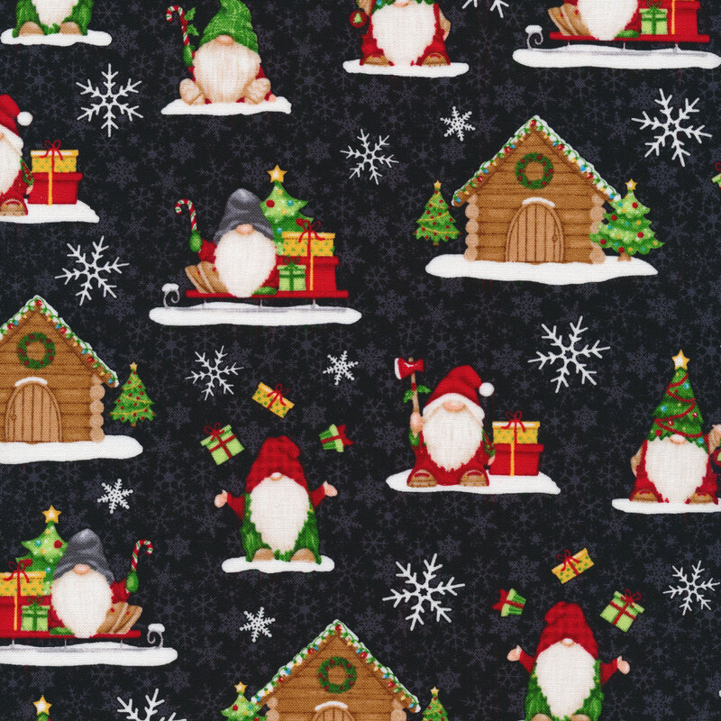 Christmas fabric with gnomes holding axes, candy canes, Christmas trees, and presents with snowflakes and cabins on a black background