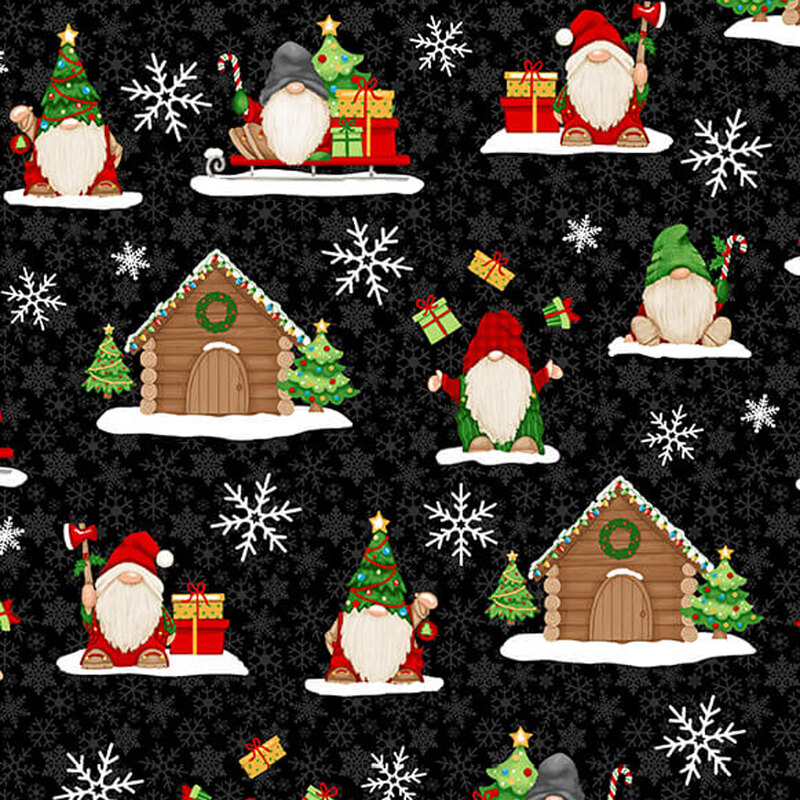 Christmas fabric with gnomes holding axes, candy canes, Christmas trees, and presents with snowflakes and cabins on a black background