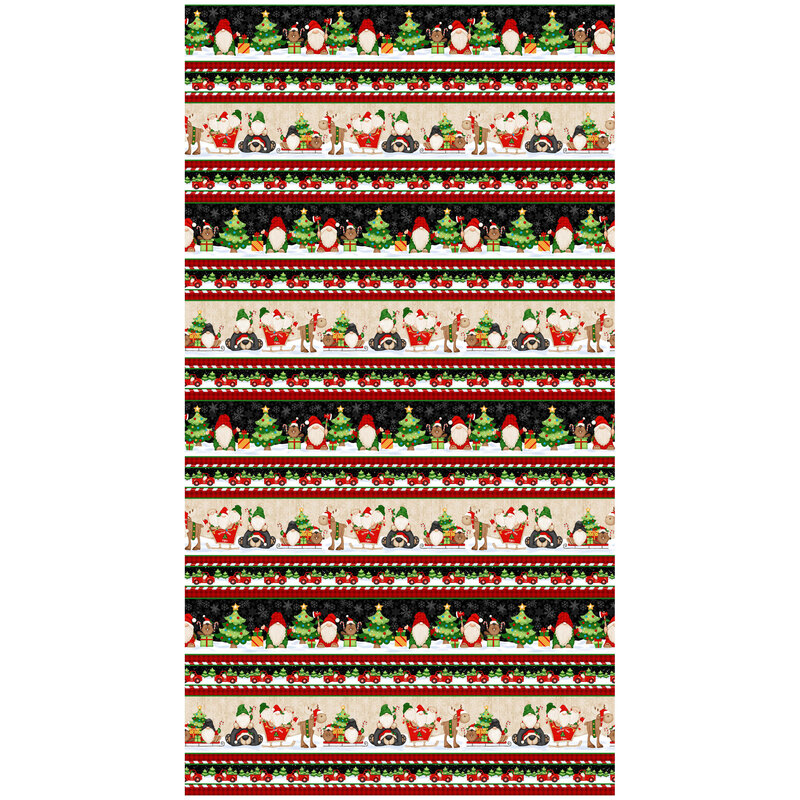 Border stripe fabric with black and tan alternating stripes with gnomes, bears, reindeer, and christmas trees