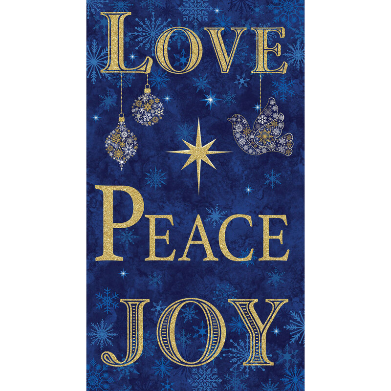 Love, Peace, & Joy panel with mottled blue snowflakes and ornaments